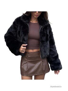 Faux Fur Cropped Zip Up Coat Stand Collar Women's Winter